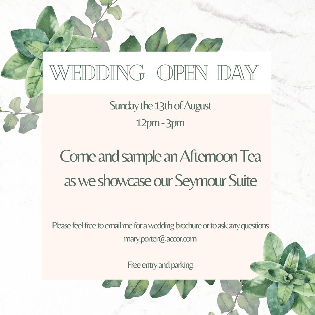 Wedding open day  on the 13th of August
Come and view the Seymour suite and see what it could look like on your wedding day!

#mercure #MercureExeterSouthgate #summitimagery #hitched #bridebook #guidesforbrides #wedding #openday #weddingvenue #exeter