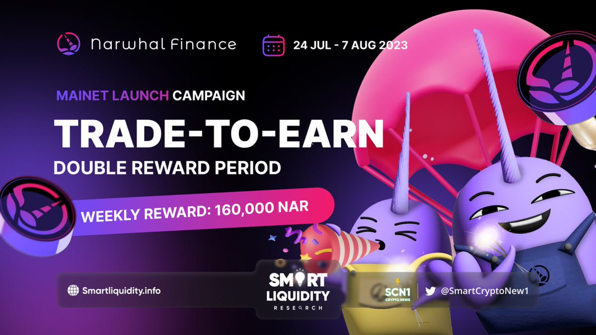 SmartCryptoNew1's tweet photo. 🚀 @Narwhal_Finance is launching with "Trade to Earn Program"

💥 Traders will be rewarded based on their trading volume

🧧 Earn 160,000 $NAR tokens weekly
✨ Mini gift box on Daily Trading Target
💎 Campaign starts July 24 until August 7

🔽 VISIT
https://t.co/LVzZ8tTwn8
#SCN1 https://t.co/d3Mv1ZOr5x
