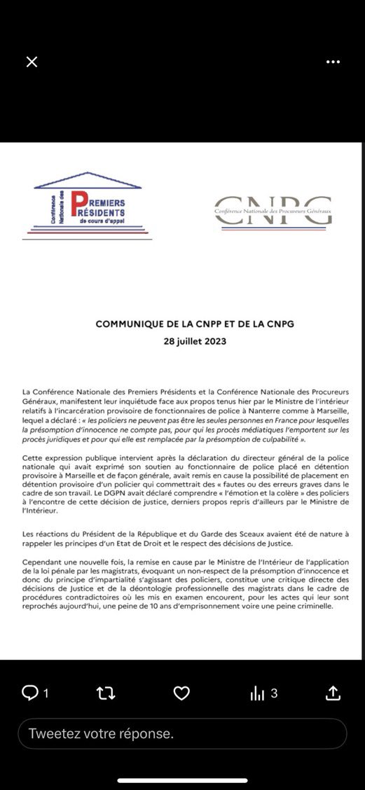 SMagistrature's tweet photo. La remise en cause publique de décisions de justice par les plus hauts responsables de la police nationale et par le ministre de l’Intérieur renforce l’inquiétude des magistrats quant à la dégradation de l’Etat de droit.

Communiqué des conférences des chefs de cours d’appel ⤵️⤵️ https://t.co/D23Uv6QTYE