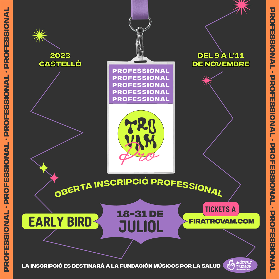 🚀 El dilluns finalitza el termini per a inscriure't com a professional amb el 40% de descompte.

🎟️L'acreditació PRO et donarà accés a les activitats professionals, la plataforma de networking i als espectacles de pagament fins a completar aforament.

🔗pro.firatrovam.com