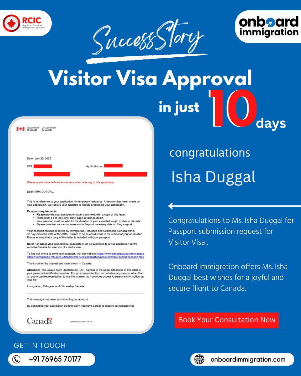 Onboardimmi's tweet photo. Excited to share visitor visa approval in just 10 days.
consult today to apply your visa through a licensed professional.
#MovetoCanada #successstory #highvisasuccess #canada #immigrationlawyer #canadaimmigration #immigrationconsultant #studyincanada #canadavisa #visitorvisa https://t.co/SlmabTSpf0