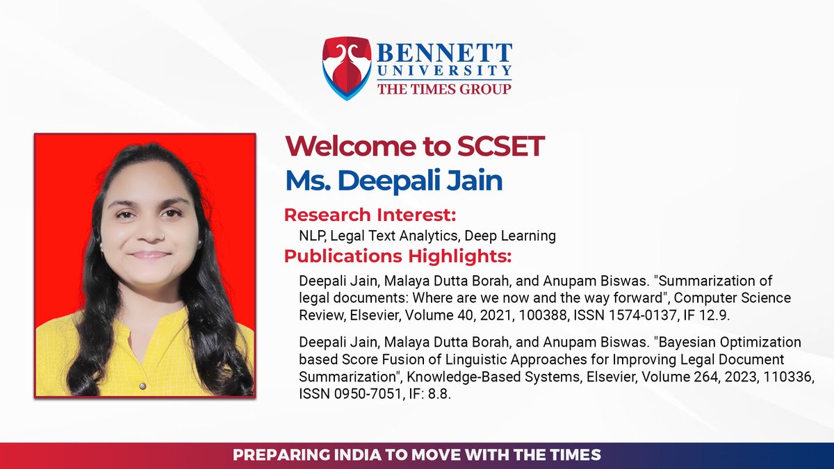 SCSETBennett's tweet photo. Welcome, Ms. Deepali Jain, to the #scsetbennett team, who has joined us as an Assistant Professor and submitted her Ph.D. Thesis at the National Institute of Technology, Silchar. 

#bennettuniversity #facultyatBU #welcometotheteam #welcomeonboard https://t.co/mSHSq9bjio