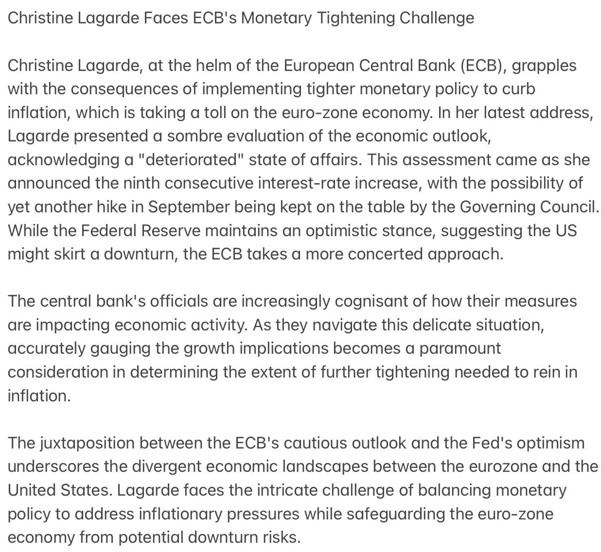 theeconcurrent's tweet photo. ECB's Tightening Challenge: Lagarde's Struggle with Inflation &amp; Economic Outlook

Christine Lagarde faces the complex task of managing tighter monetary policy to tame inflation while safeguarding the euro-zone economy.

#ECB #interestrates #Eurozone #monetarypolicy https://t.co/uQbG7EEIWf
