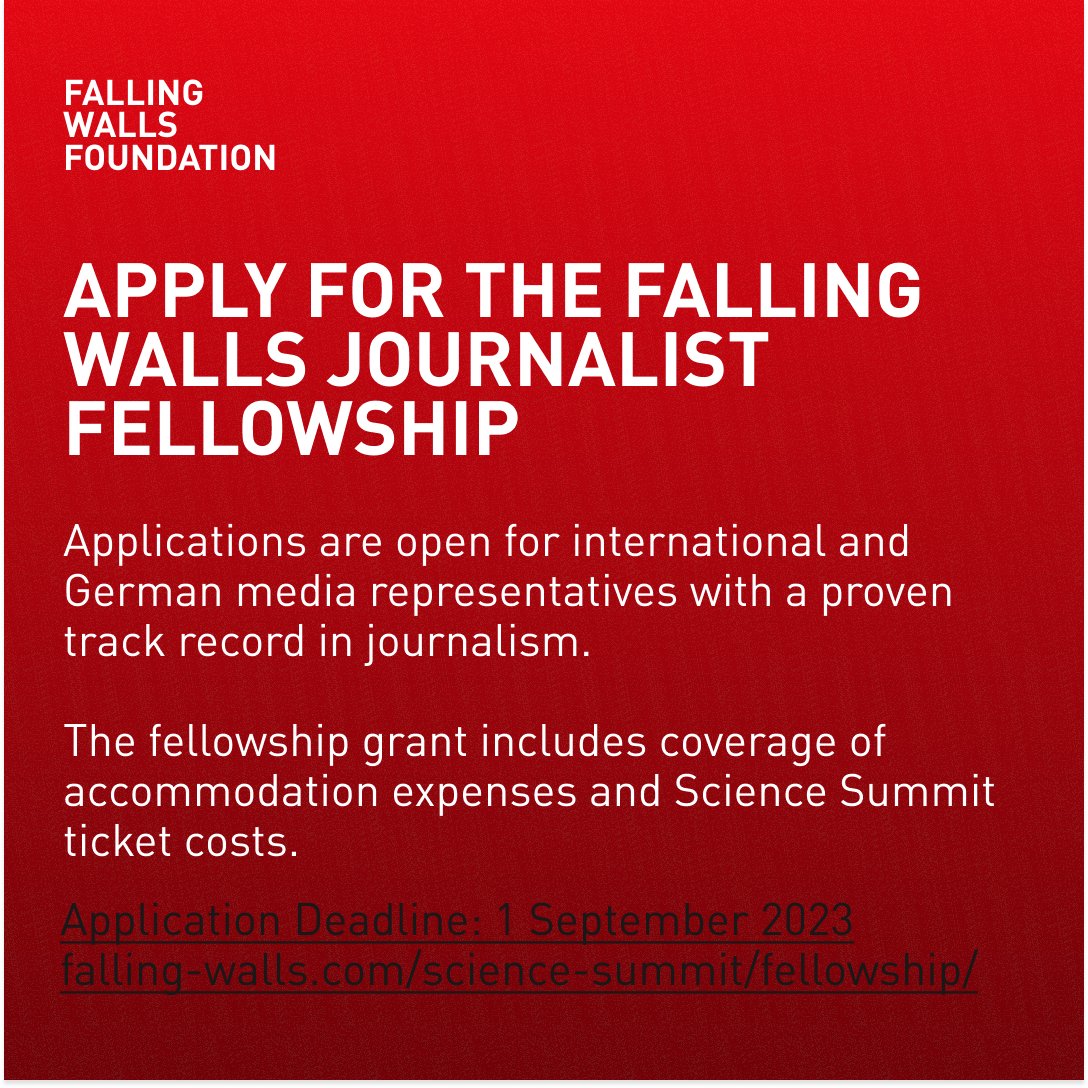 Falling_Walls's tweet photo. Are you a dedicated #sciencejournalist with a passion for exploring the latest breakthroughs? Don't miss the chance to apply for the #FallingWalls Journalist Fellowship Programme 2023!
Detailed information on our website: https://t.co/eAGFSSof0c
@Vasu_Sridharan https://t.co/BB19fdDiyL