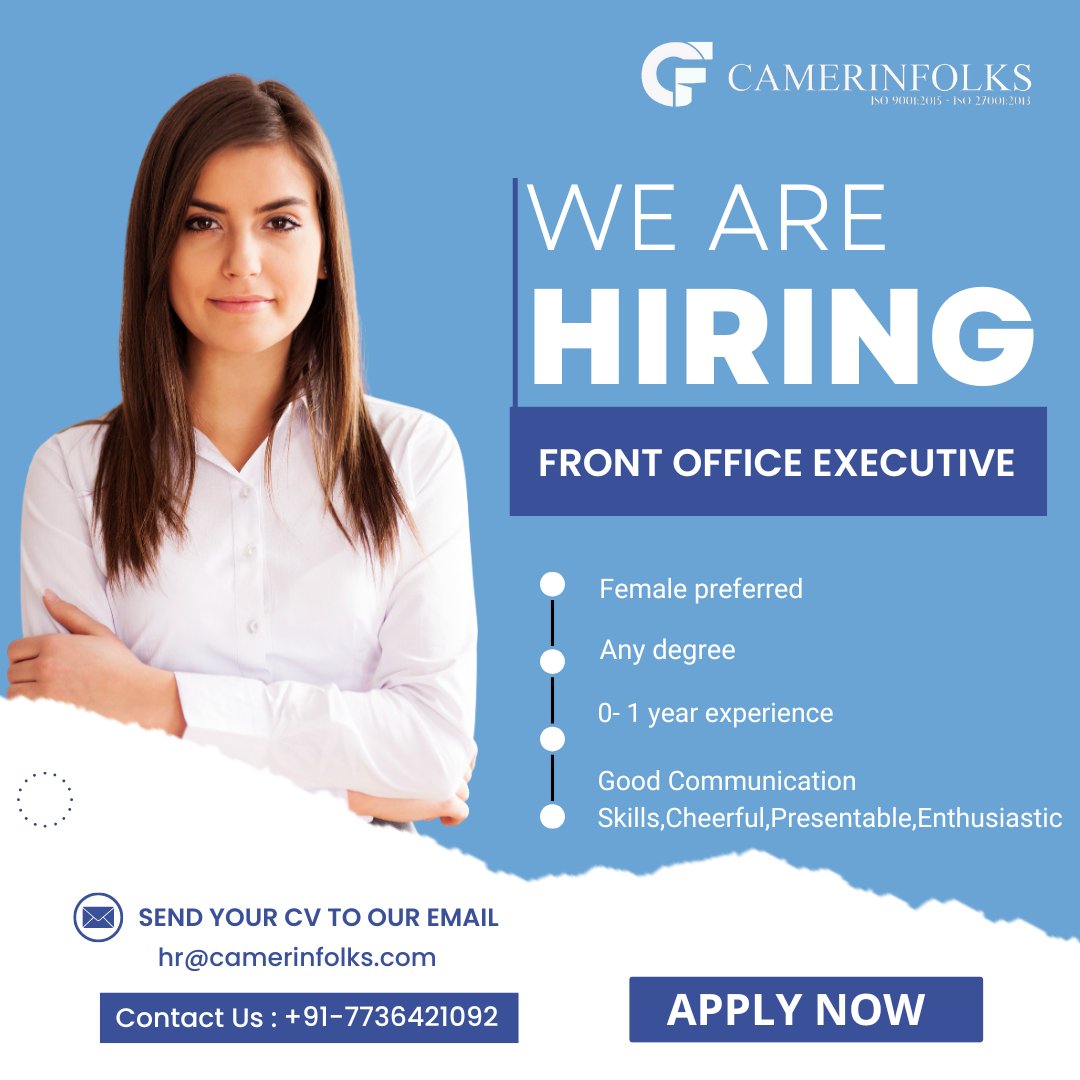 Join Our Team as a Front Desk Officer. 🏢 Apply Now and Be the First Point of Contact for Our Thriving Workplace.
#camerinfolks
#softwaretraininginstitute
#FrontDeskOfficer #JoinOurTeam #CustomerService'