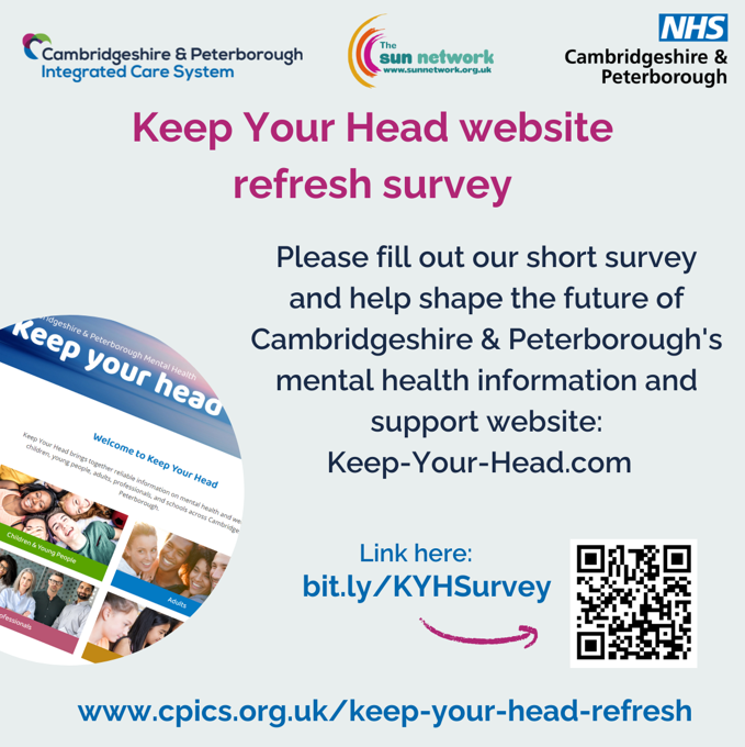 SUNnetworkCambs's tweet photo. Help us to shape the future of our local mental health information and support website Keep Your Head by taking part in the survey below.

It doesn’t matter if you have experiences of mental health challenges or not - we need to hear from you!👇
 https://t.co/FJAEBRXmJh https://t.co/lvfx0ykvQP