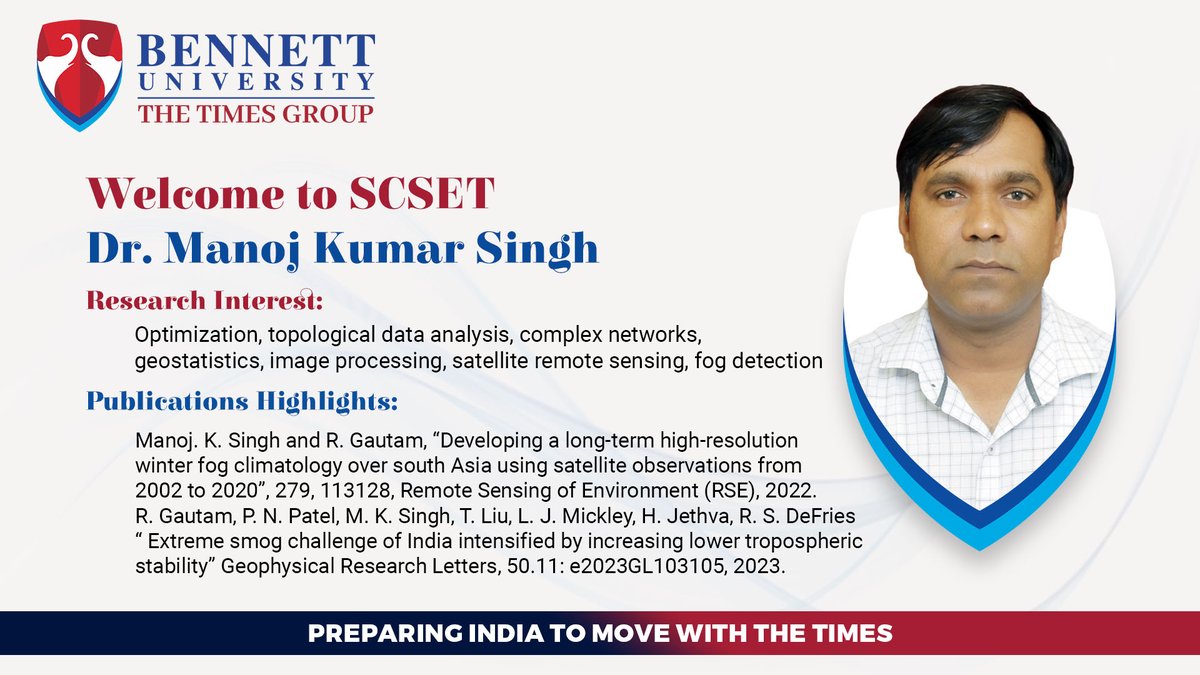 SCSETBennett's tweet photo. Welcome, Dr. Manoj Kumar Singh, to the #scsetbennett team, who has joined us as an Associate Professor and completed his Ph.D. from Indian Institute of Technology, Bombay. Dr. Singh possesses a proactive and ambitious mindset.

#bennettuniversity #facultyatBU #welcometotheteam https://t.co/p3amBygmkS