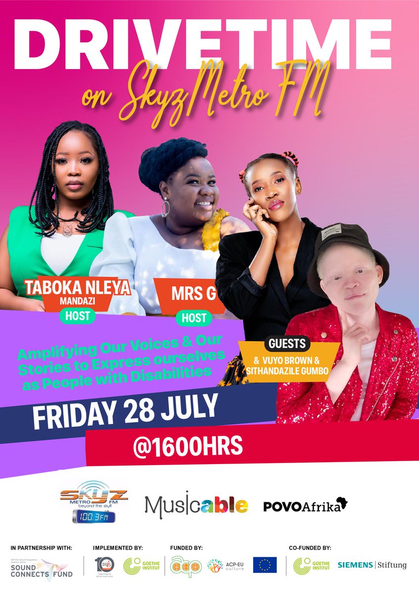 SSanelisile's tweet photo. Tune in to skyz metro radio 16:00
@AfricaAlbinism @InfoMinZW @TNHZ_Trust @POVOAfrika @TheVuyoBrown
#POVOAfrika #soundconnectfund #MIAF https://t.co/GLSpcOPpPt