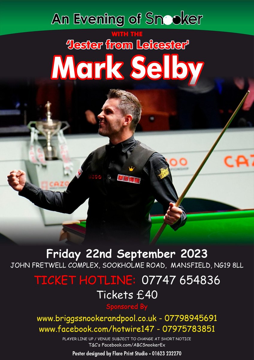 This'll be a cracking night!
8 weeks to go. Last few tickets left.
Full details on the poster 👇.

<a href="/markjesterselby/">Mark Selby MBE</a> <a href="/announcerphil/">Phil Seymour</a>