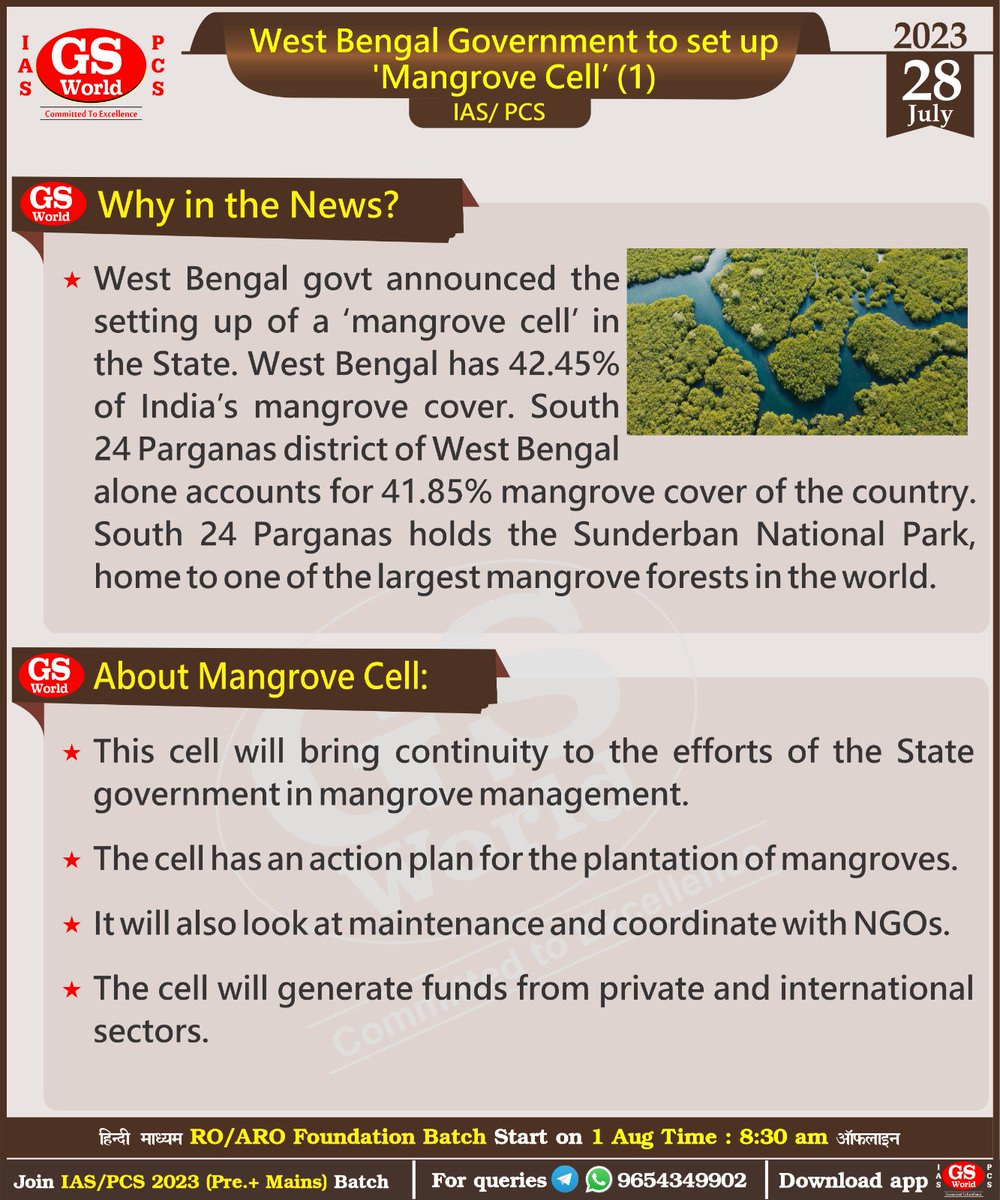 GSWORLDIAS1's tweet photo. West Bengal govt announced the setting up of a ‘mangrove cell’ in the State.................. Here's the detail on it in #GSWORLD #CONCEPTBOOSTER
#IAS #IPS #BPSC https://t.co/exu6T79w6H