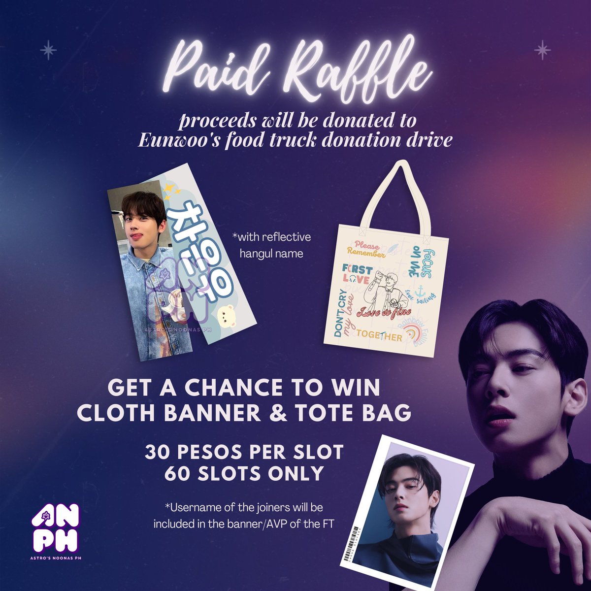 READY FOR BATCH 4?✨ We're switching things up for this batch as we will be drawing 2 WINNERS for the #CHAEUNWOO fan made cloth banner & tote bag once all the slots are taken! 🥳 Let's go! 💜 tinyurl.com/anphpaidraffle SF will be shouldered by the winner #차은우