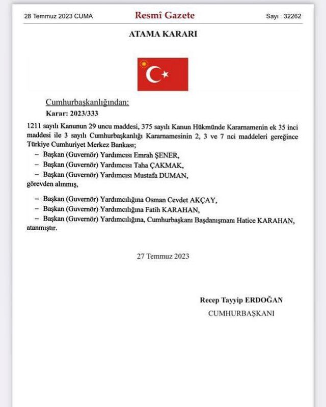 Merkez Bankası’nda başkan yardımcıları değişti
Resmi Gazete’de yayımlanan kararla, Türkiye Cumhuriyet Merkez Bankası’nda üç başkan yardımcısının görevineson verildi.Görevden alınan isimlerinyerine Başkan Yardımcılığı görevlerine Cevdet Akçay,Fatih Karahan ve Hatice Karahan atandı
