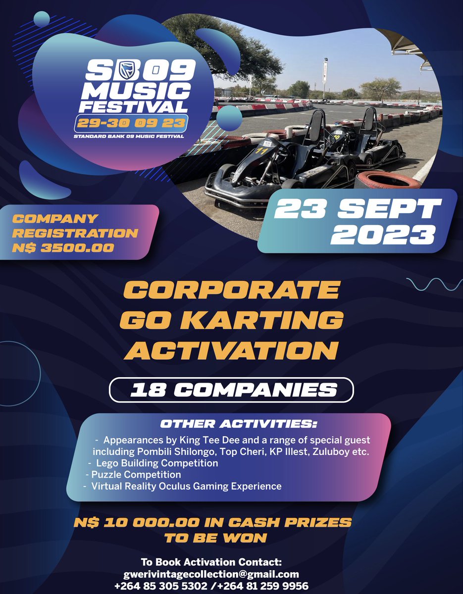 Corporate Go Karting Competition! 🏎

Join us on our last activation for the #SB09MF by entering your company into our Corporate Go Karting Championship &amp; Fun Day where more than N$10k in cash prizes will be won! 

Registration: N$3500 
-Ts &amp; Cs Apply 🏎