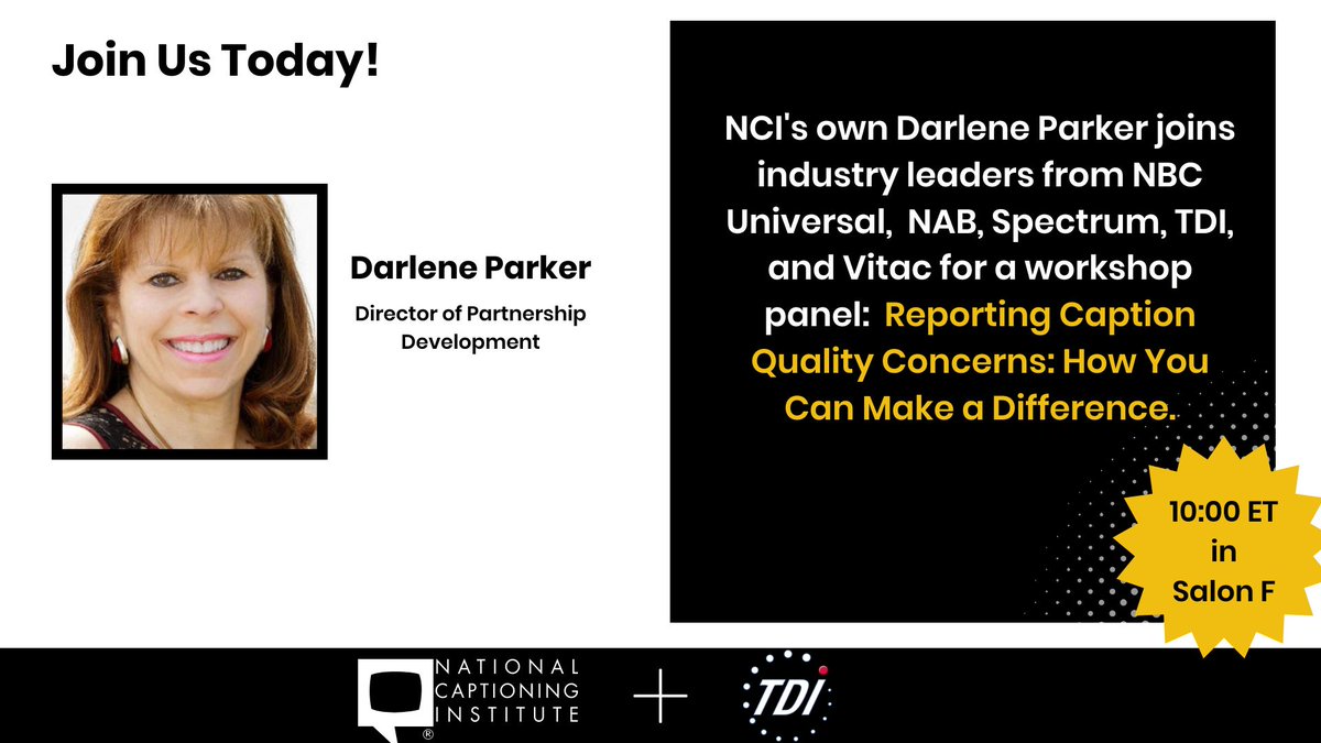 This weekend we're in College Park, Maryland for TDI's Biennial Conference celebrating "Digital Inclusion for All." 

If you're attending, make sure to join Darlene TODAY to learn how you can make a difference in caption quality!

Learn more: tdiforaccess.org