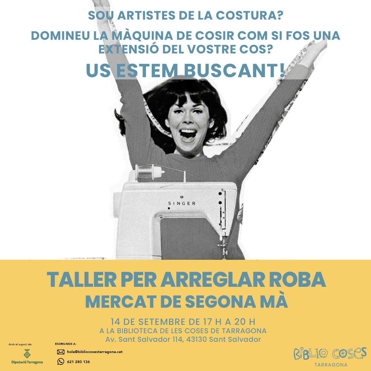 BiblioCosesTGN's tweet photo. BUSQUEM ARTISTES DE LA COSTURA!🧵🪡
El 14 de setembre fem un mercat de roba de 2a mà amb un espai d’autoreparació de roba. Per fer-lo, necessitem VOLUNTÀRIES!
Voleu acompanyar-nos a la festa de la roba de segona mà?📲Contacteu amb nosaltres!
#Compartim, #reparem i #reutilitzem! https://t.co/vANvfLZVYN