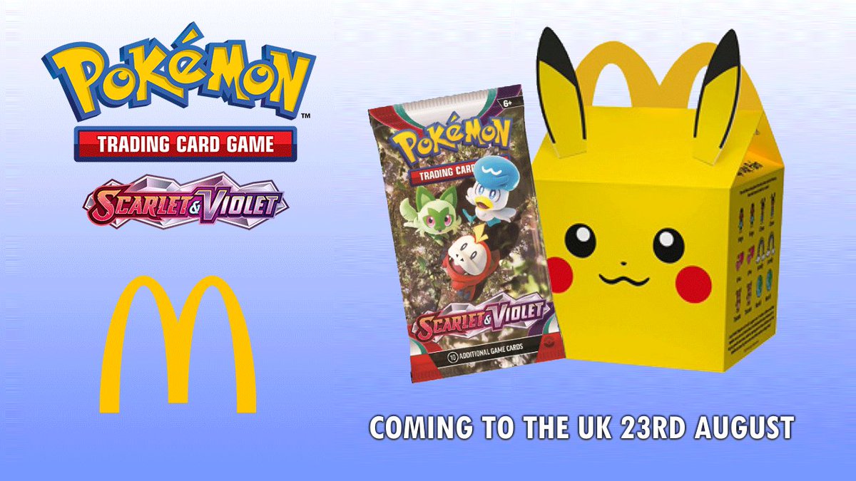 NintendoPlayUK's tweet photo. 🟡🔴 #Pokemon Happy Meals return to #McDonalds in UK 23/08

▪️ Each #HappyMeal comes with a booster pack and toy
▪️ 4 cards per pack. 1 is always a Holo
▪️ Toy is updated "Match &amp; Battle" toy
▪️ 14 reprinted cards from Scarlet &amp; Violet
▪️ 1 from Paldea Evolved 
▪️ 6 Holo Cards https://t.co/k4OEGOPlrE