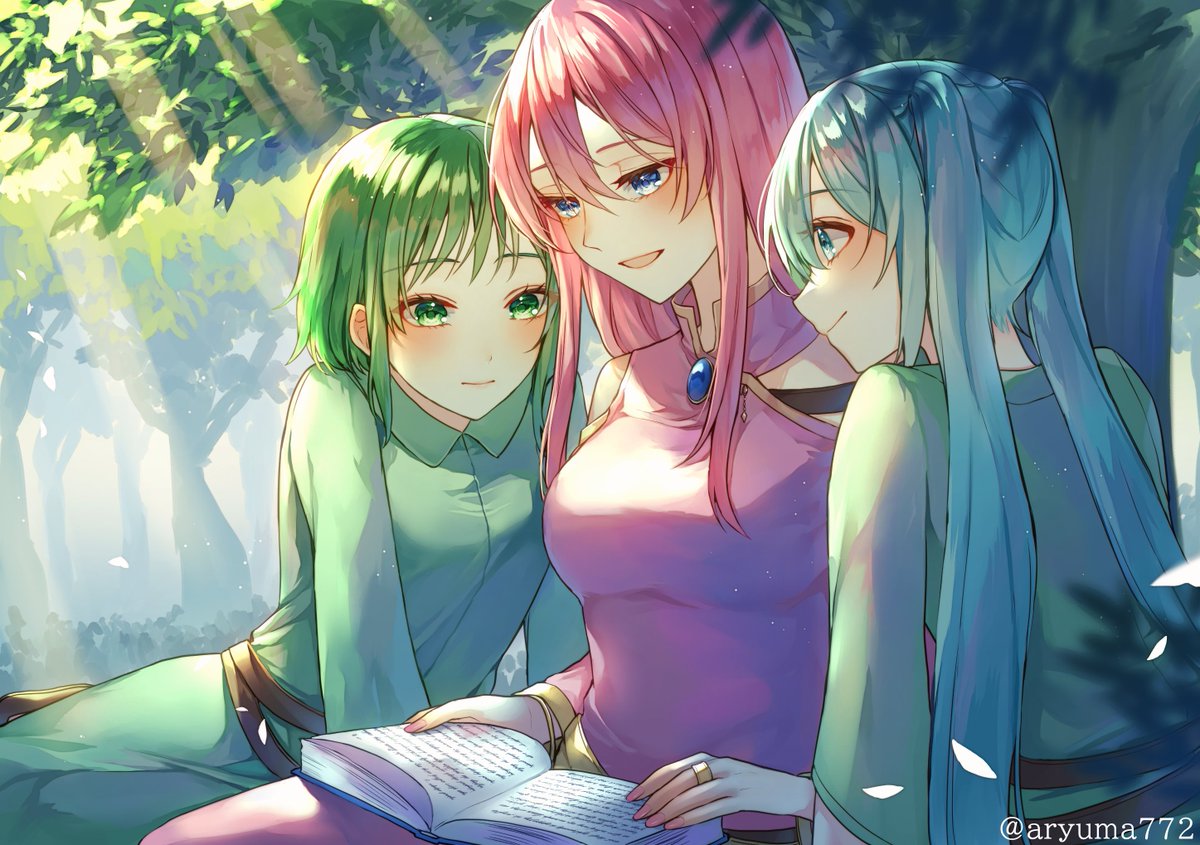 gumi ,hatsune miku ,megurine luka multiple girls 3girls green hair long hair pink hair book blue eyes  illustration images