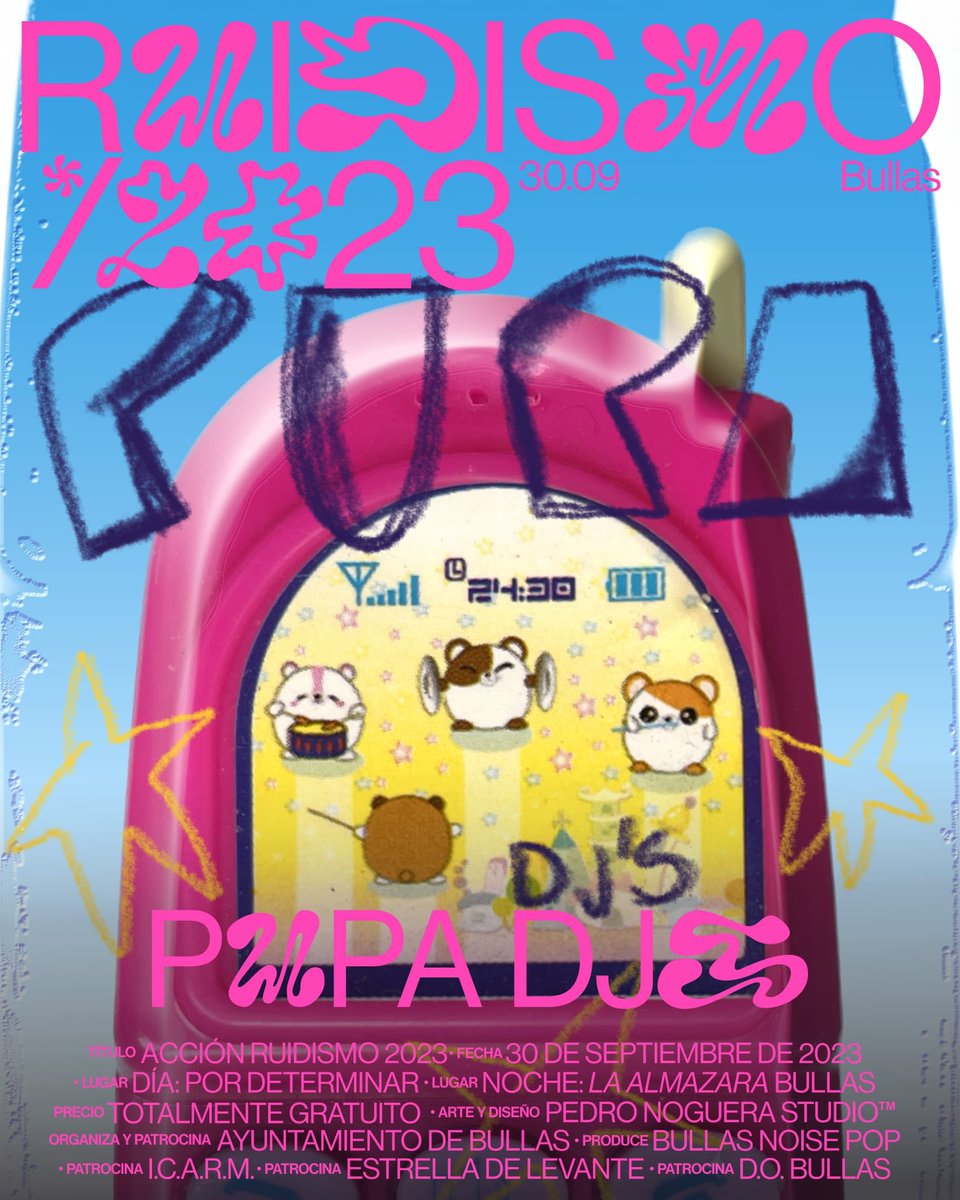 #PupaDJs - #Ruidismo2023
Bullas, sábado 30 de septiembre.
Entrada libre.

Organiza y patrocina: <a href="/aytoBullas/">Ayuntamiento Bullas</a> 
Pruduce: #bullasnoisepop
Otros patrocinadores: #ica, <a href="/estrellalevante/">Estrella de Levante</a> y <a href="/DOP_Bullas/">BULLAS D.O.P</a> #dobullas

Arte y diseño: <a href="/_drpetrus/">Pedro  Noguera</a> 

#Bullas #Música #Vanguardia #Gastronomía #Arte