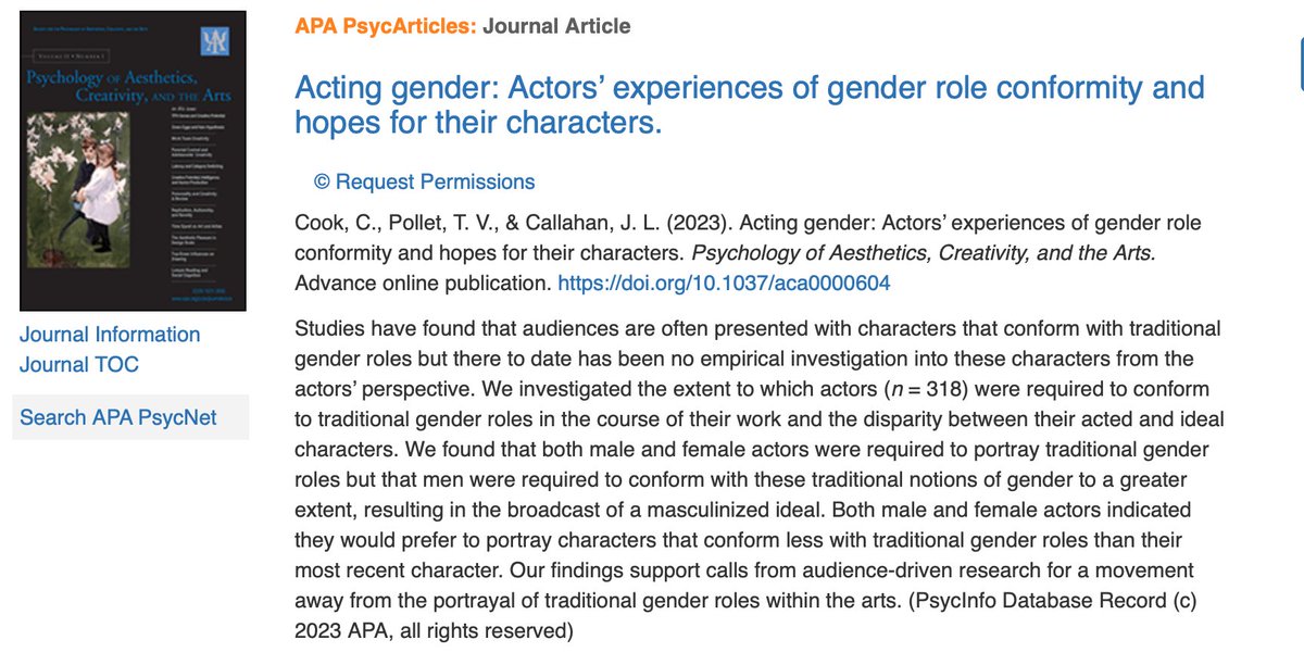 Clare Cook (@clarecookclare) on Twitter photo New paper: We find actors are required to portray traditional gender roles, would prefer their characters to be less gender stereotypical and male actors are required to conform most with traditional notions of gender <a href="/ProfJamieC/">Jamie Callahan</a> <a href="/tvpollet/">@tvpollet.bsky.social</a> <a href="/APA_Journals/">APA Journals</a> psycnet.apa.org/doiLanding?doi… New paper: We find actors are required to portray traditional gender roles, would prefer their characters to be less gender stereotypical and male actors are required to conform most with traditional notions of gender <a href="/ProfJamieC/">Jamie Callahan</a> <a href="/tvpollet/">@tvpollet.bsky.social</a> <a href="/APA_Journals/">APA Journals</a> psycnet.apa.org/doiLanding?doi…