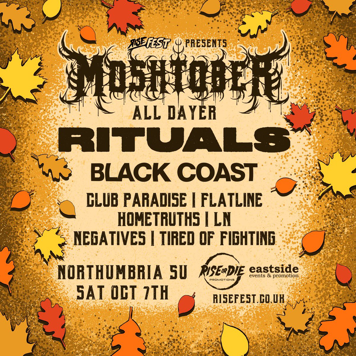 RISEFEST22's tweet image. We weren't going to let 2023 pass by without another live show, so in true RISEFEST spirit we present to you the MOSHTOBER ALL DAYER! Fresh off the back their Download Festival slot @Ritualsukmusic return to Reds to melt some faces backed up by rising metallers @blackcoastuk