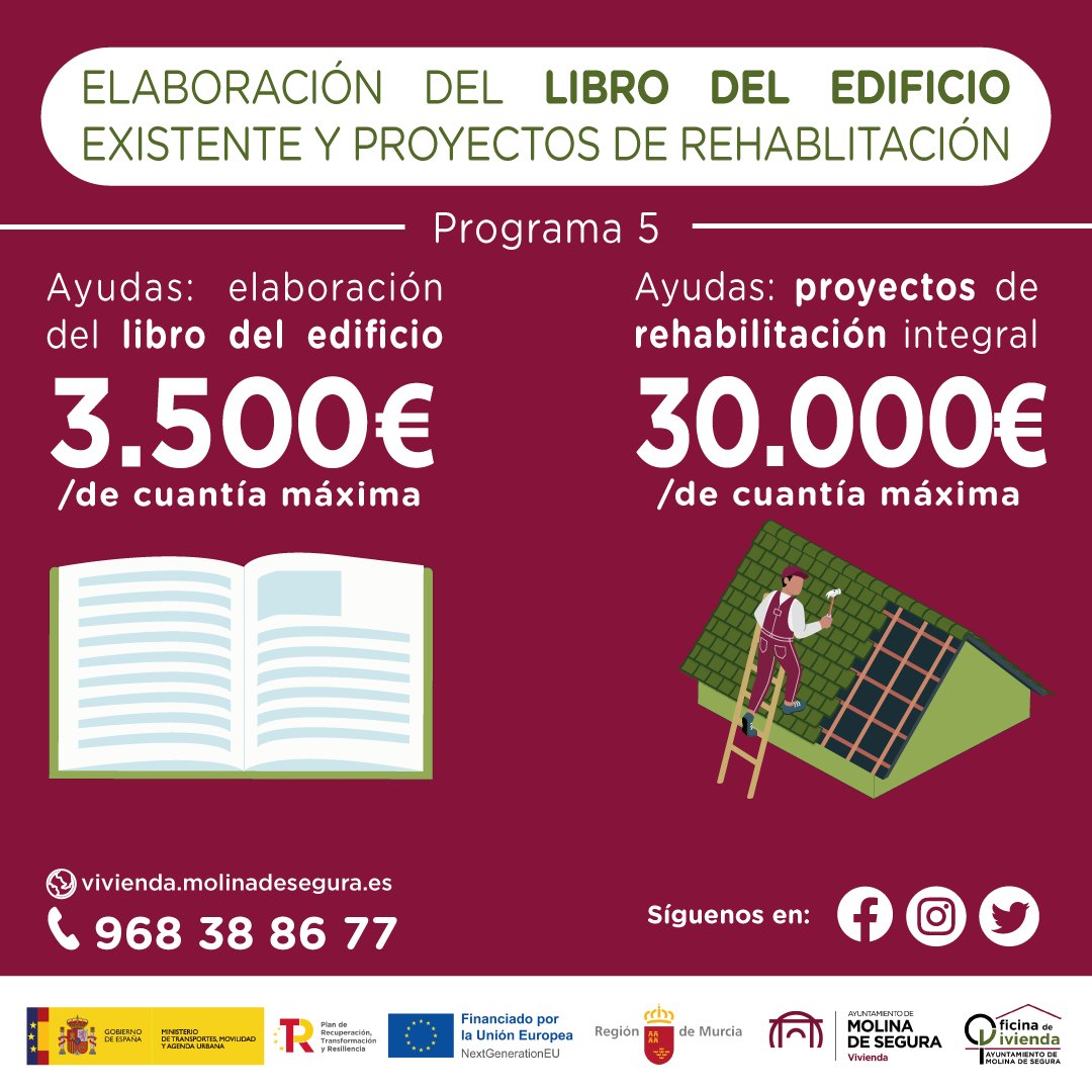 vivienda_molina's tweet photo. #Ayudas para el #librodeledificio existente y proyectos técnicos para la #rehabilitación integral de #edificios y #viviendas unifamiliares.
📞 9683886 77
🌐 https://t.co/JWLgdOIKde
@P_Recuperacion @mitmagob @regiondemurcia @AytMolinaSegura
#molinadesegura #NextGenerationEU https://t.co/WkdRT24lV8