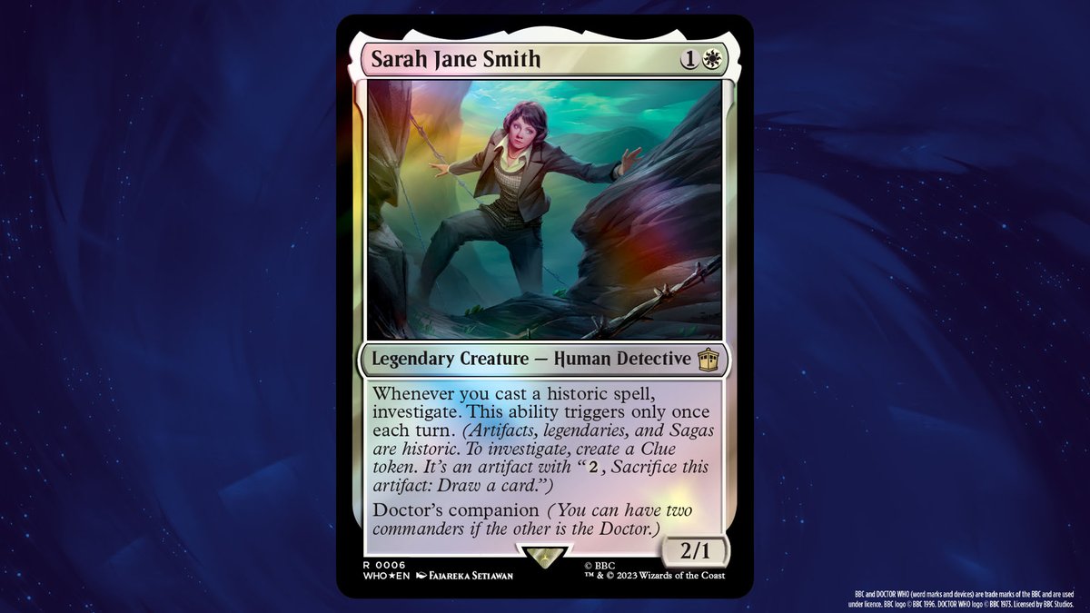 Here is Sarah Jane Smith, the Doctor's companion in the Classic era deck  for #MTGxWHO