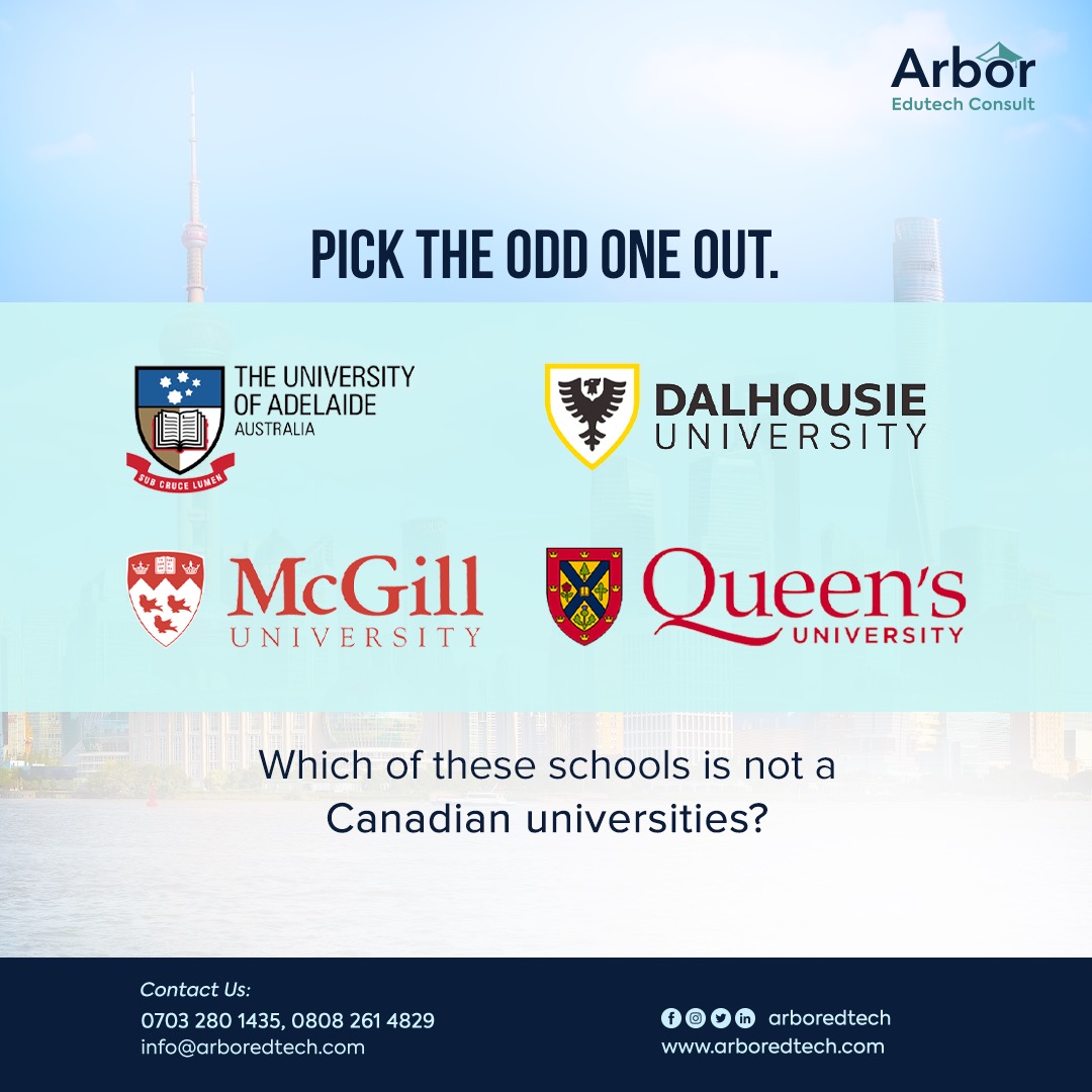 'Odd One Out Extravaganza: Test your wits, and unravel the oddity: Which of these is not a Canadian university?  🧩🔍 #TriviaTime #BrainTeaser #PickTheOddOne #triviachallenge #canadianschools #studyabroad #canadavisa #abroadpreparation