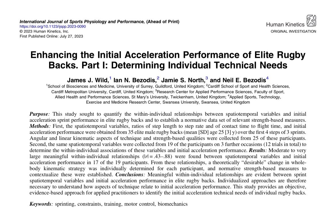 Part I now available ahead of print. An evidence-based approach to help towards determining the individual technical’ needs of rugby backs (&amp; other team sport athletes) during acceleration 👉🏻 tinyurl.com/yc4dnhud

Part II (case study interventions) to follow shortly…