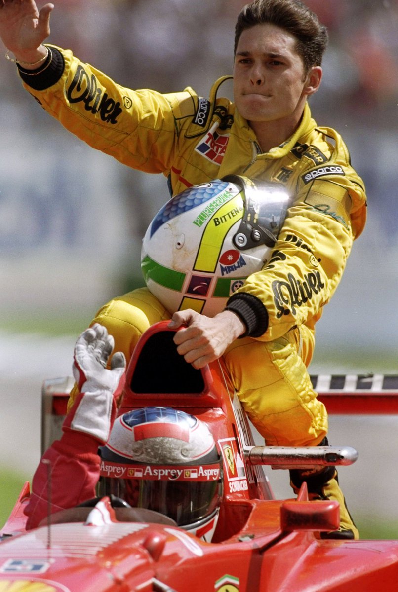 OfficialFisico's tweet photo. #onthisday after a puncture and retirement at the final stage of the 1997 #germangp in the old @GermanGrandPrix when i was fighting for the win… @schumacher gave me a beautiful ride to box. @F1 https://t.co/b9O2Su0hLD