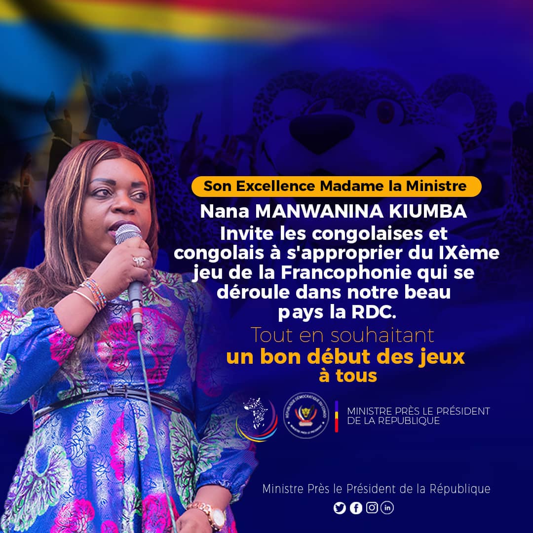 MinPP_Rdc's tweet photo. Son excellence Madame la Ministre Nana MANWANINA KIUMBA invite les congolaises et congolais à s'approprier le IXème jeu de la Francophonie en RDC.
Une occasion UNIQUE pour RENFORCER les liens de fraternité nationale.

#RDC #kinshasa #ixejeuxdelafrancophonie #nations #MinPP_RDC https://t.co/0zZGkj6Swo