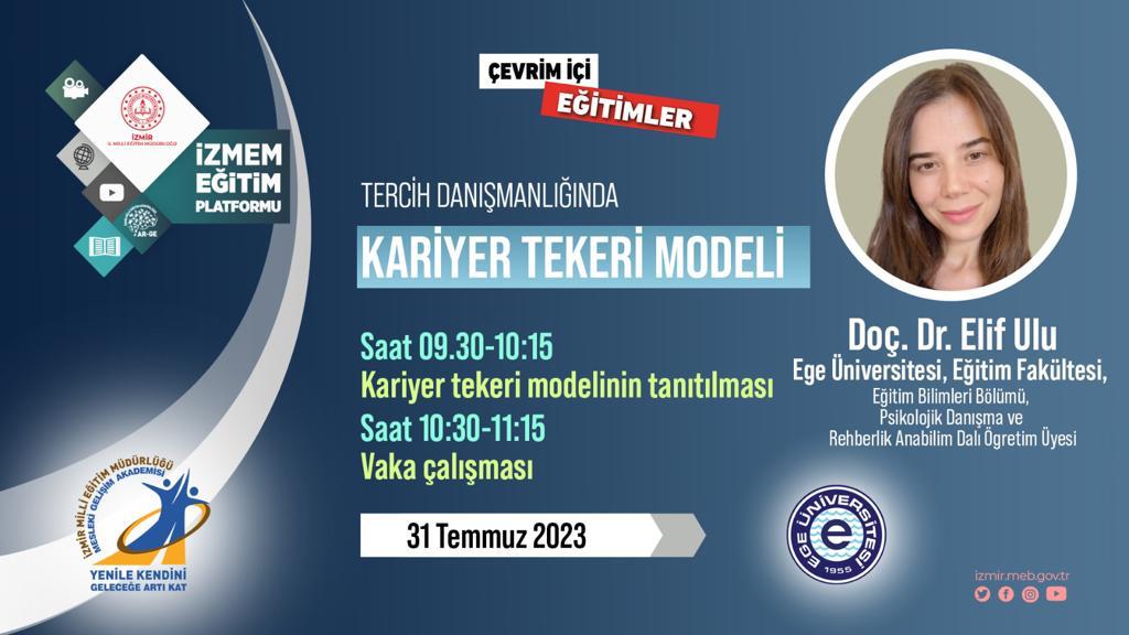 izmir_ilmem's tweet photo. MESLEKİ GELİŞİM AKADEMİSİ

Ege Üniversitesi işbirliği ile Tercih Danışmanlığı kapsamında "Kariyer Tekeri Modeli" eğitimi için Doç. Dr. Elif Ulu, rehber öğretmenlerimizle bir araya geliyor.

📆31 Temmuz 2023
🕚09.30-11.15
🔗https://t.co/ZQalwIexeN https://t.co/GI5DloAw5s