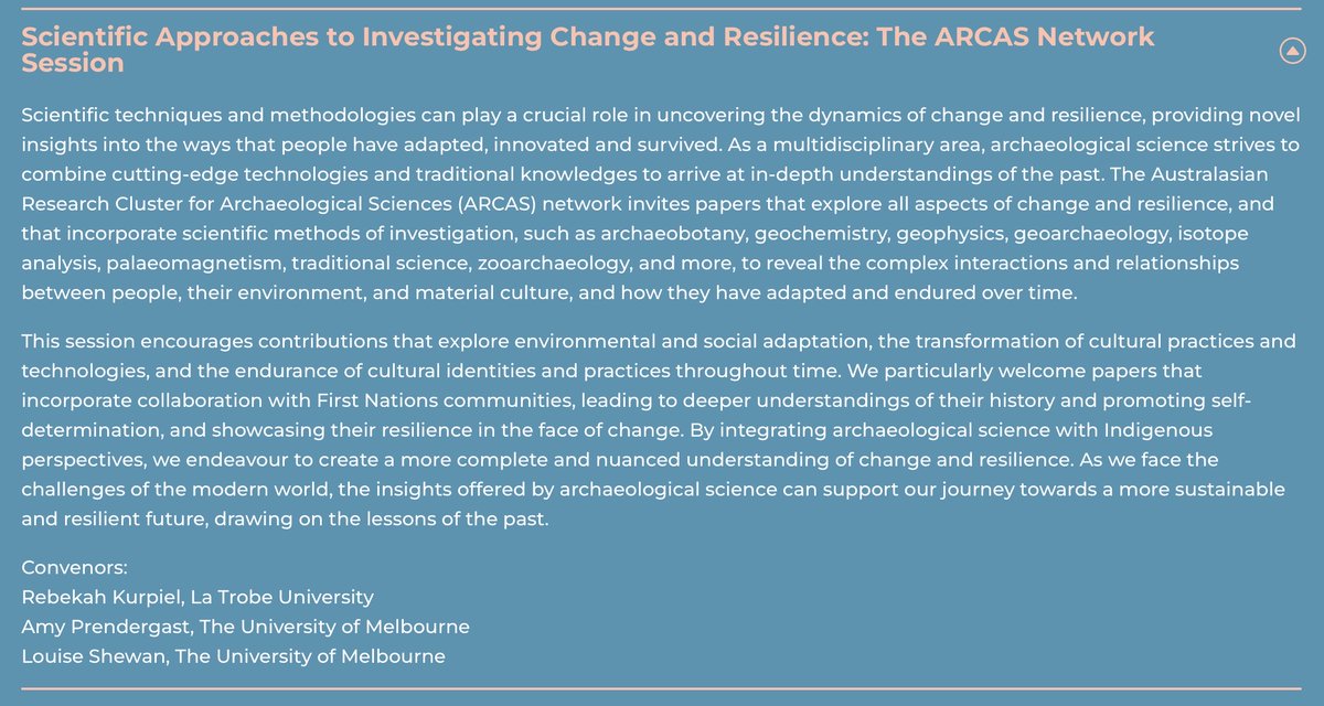 Calling #archsci researchers attending the Australian Archaeological Association Conference in December this year. Please submit to our <a href="/ARCAS_news/">ARCAS</a> session "Scientific approaches to investigating change and resilience". Abstracts due 4th Aug here: aaa2023.com.au/call-for-abstr…