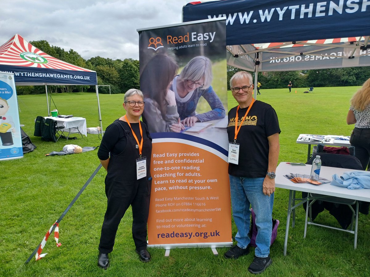 Great community gathering in Hollyhedge Park for today's @wythygames. Fun for all the family, lots of stands and we're here too promoting Read Easy. It's never too late to learn to read! @mcrlco @MCCWythenshawe @CD_WCHG