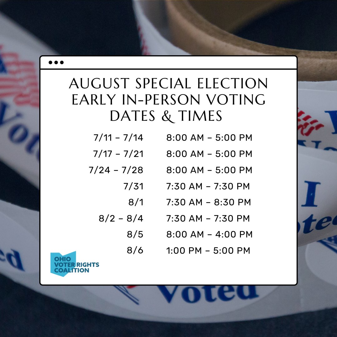 OhFairDistricts's tweet photo. 🎉 Early voting continues through August 6! 
Stop by your early vote center during early voting hours to cast your ballot in the August 8 special election and protect majority rule.
Find your early vote location: https://t.co/pMWe0wrGxp
#VoteNOinAugust #NoOnIssue1 https://t.co/ykUs7OyM4k