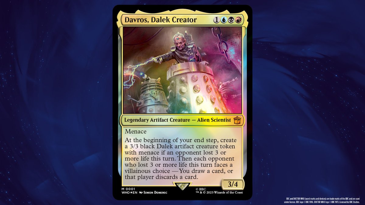 Davros, Dalek Creator is the face of this deck and it features 'Villainous  Choice.' Which focuses on making your opponents choose something, though  neither option is something they're likely to appreciate. #MTGxWHO