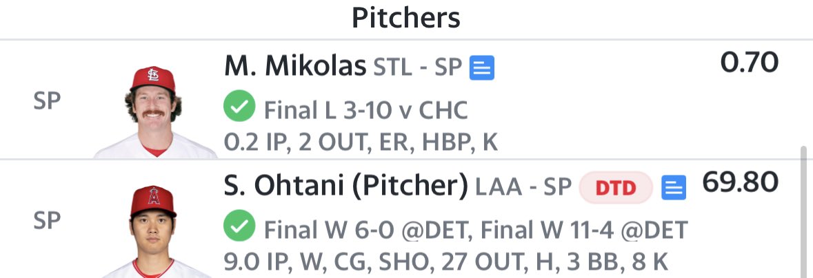 Two very different stories from my fantasy baseball team last night