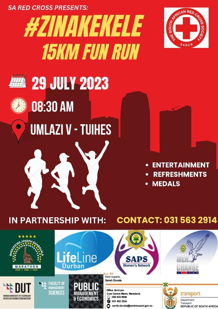RedcrossSa's tweet image. SARCS partner for the Zinakekele Fun Run, the Durban University of Technology donated corporate gift packs for those that will come up as the top 10 of the run. The fun run is aimed at raising awareness on disasters and other humanitarian situations facing KwaZulu-Natal.