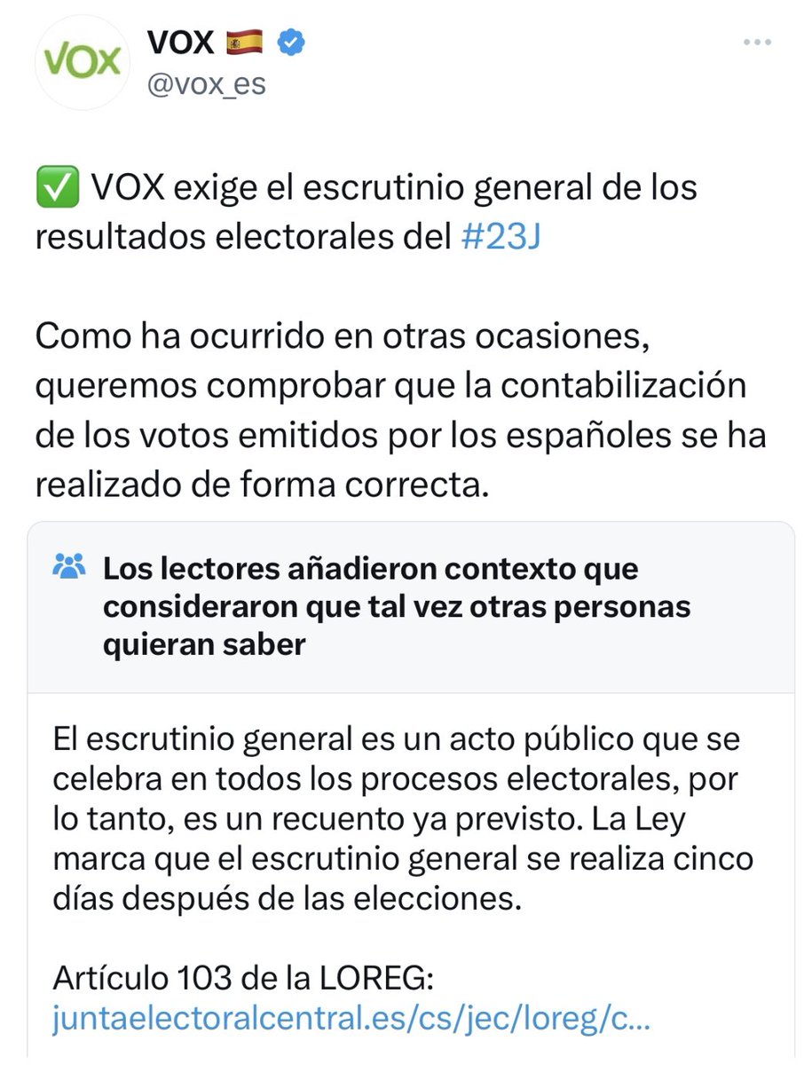 AlanBarrosoA's tweet photo. Qué duro es ser de Vox. Pierdes 19 escaños porque los españoles pasan de ti. Luego pides escrutinio general sembrando la duda sobre los resultados. Y al final hasta Twitter te tiene que corregir diciendo que ese escrutinio se hace por ley lo pidan o no lo pidan. Qué pena. https://t.co/hop0XLVUCn