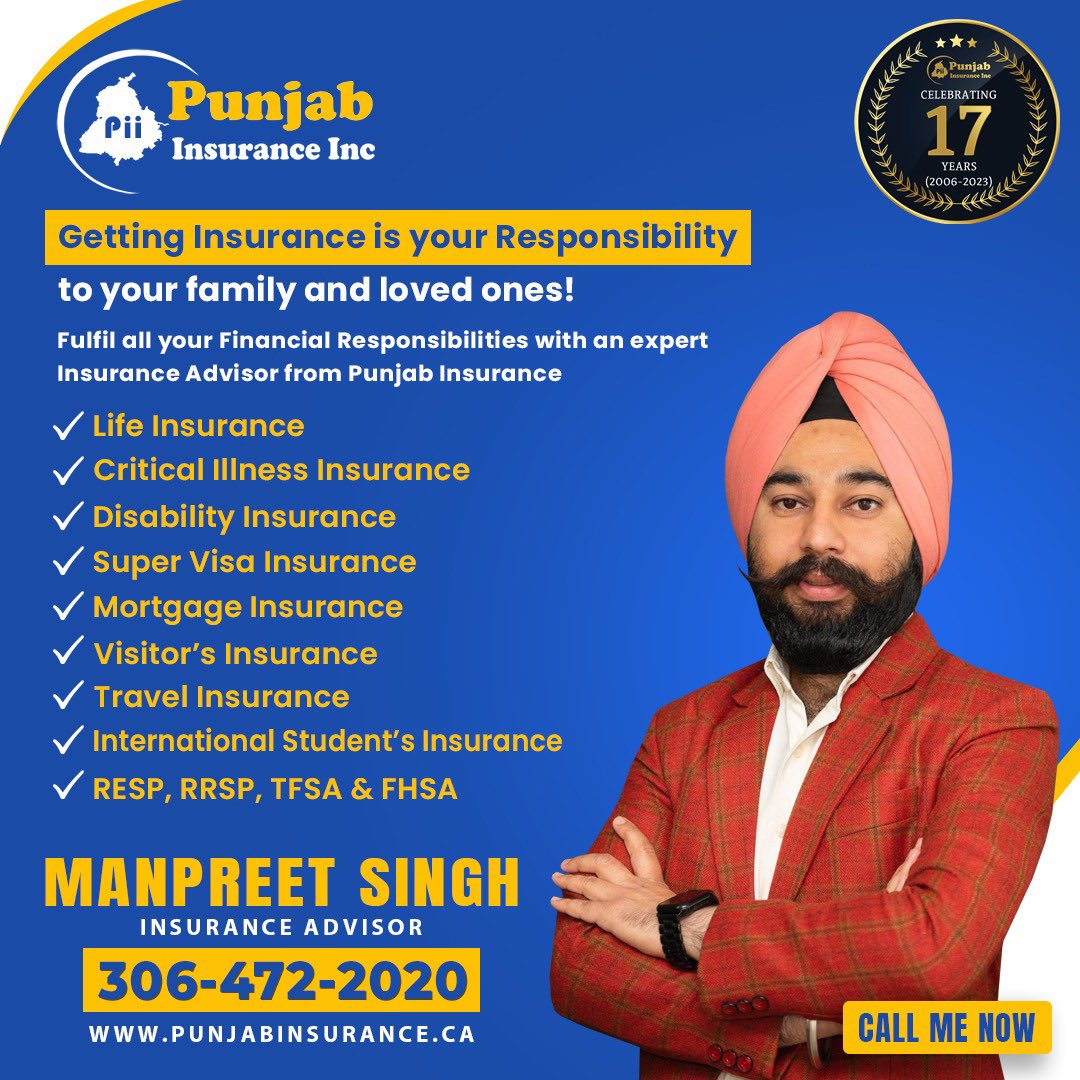 Call Me Today, Manpreet Singh at 306-472-2020 for Expert Advice or Free Insurance Quotes. 
#SuperVisaInsurance #LifeInsurance #VisitorInsurance #TravelInsurance #DisabilityInsurance #PunjabInsurance #Canada #Toronto #Ontario