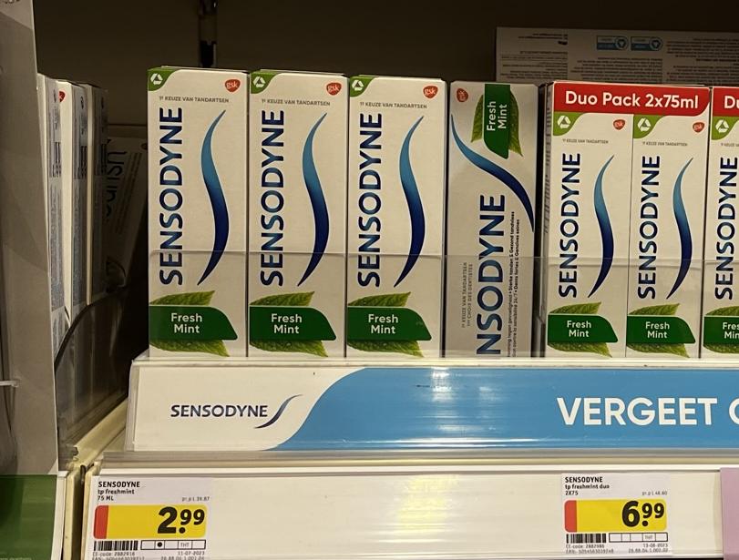 vdvaerbe's tweet photo. @KruidvatBelgie als ik een duopack @SENSODYNE_1 Fresh Mint koop, is de prijs per tube €0,505 duurder dan een tube #tandpasta . Hoe komt dat? 🤔
#vreemderegel #kritischekoper https://t.co/pgPWdH2Nx9