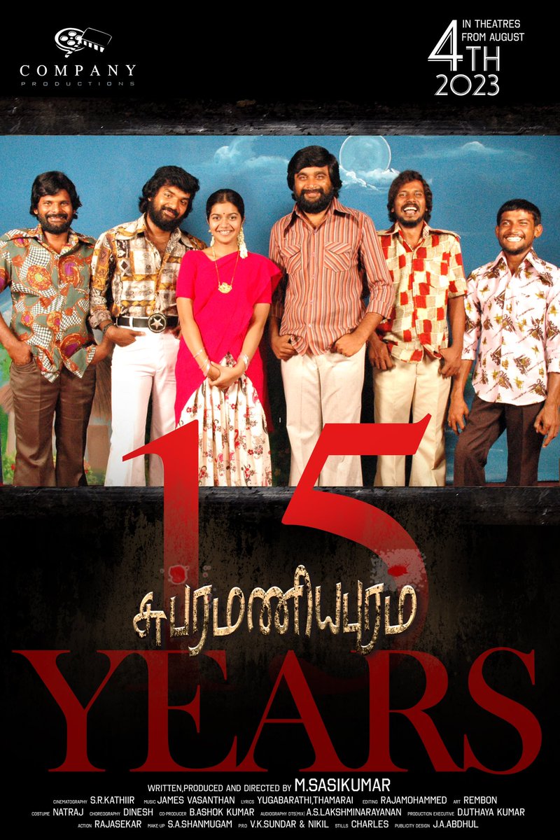 SasikumarDir's tweet photo. Re-release of #Subramaniapuram in theaters all over Tamil Nadu on August 4, 2023. Relive the experience once again.. 
#15YearsOfSubramaniapuram 
 @thondankani @srkathiir @Vasanthan_James @onlynikil 
#jai #swathi #kanjakarupu 
#Azhagar #paraman #thulasi https://t.co/JUUs4F7bXW