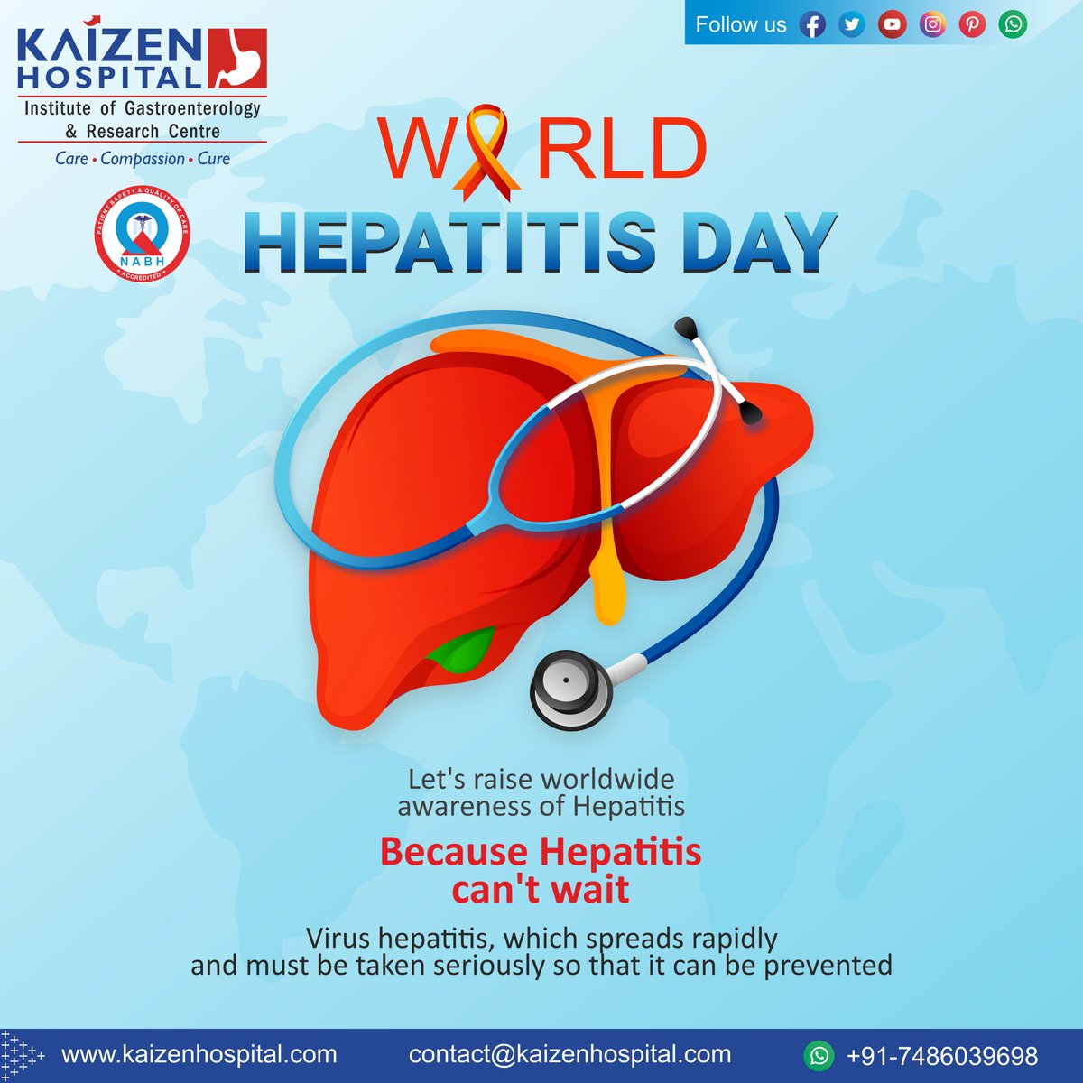 🌏 Join us in raising awareness on World Hepatitis Day! 🎗️
 Learn more about this preventable disease and how you can protect yourself and your loved ones. Together, let's strive for a Hepatitis-free future! 💙 #WorldHepatitisDay #KaizenHospital #FightHepatitis #HealthForAll