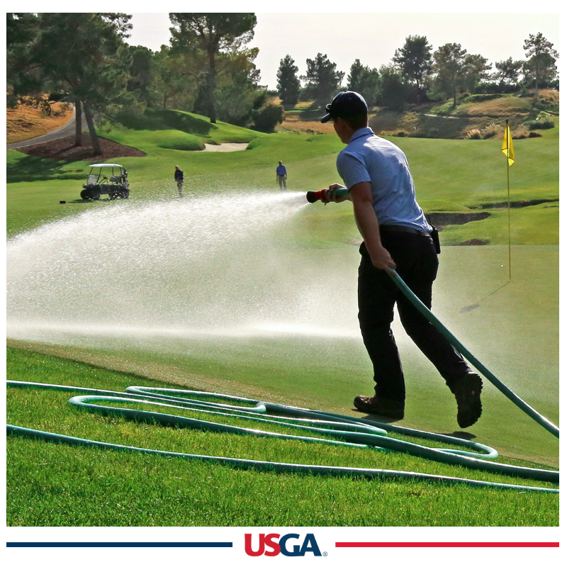 USGA's tweet photo. You’re in a good rhythm when suddenly your round gets put on pause because the maintenance team is watering the green in front of you with a hose. 

Why does this happen? Our @USGAGrnSection explains.