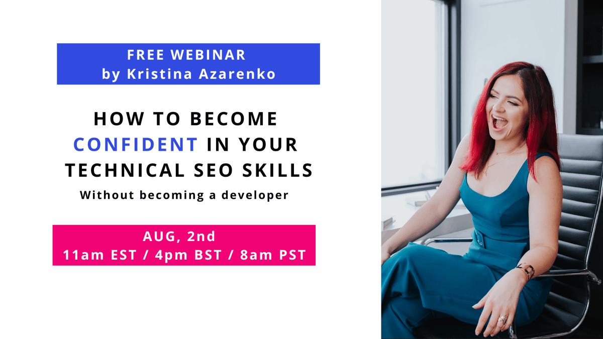 azarchick's tweet photo. In the last 2 months, I spent over 50 hours researching the struggles people have with technical SEO. I read forums, comments to my posts, did live interviews, analyzed why people joined my course.

I put together the findings into a simple training. That is absolutely free.

And I’m sharing this training for the first time on August 2nd.

If you want to become confident in your technical SEO skills, you should absolutely be there!

Register now - https://t.co/5jDskrkKWI