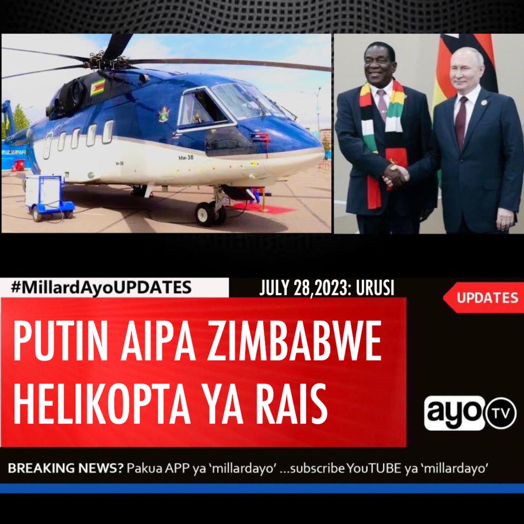 millardayo's tweet photo. Moja ya habari kubwa kuhusu yanayojiri Urusi kwenye mkutano unaoendelea kati ya Putin na Viongozi wa Afrika ni hii ya Rais Putin kumzawadia Rais wa Zimbabwe Emmerson Mnangagwa Helikopta ya Rais (M1-38) wakati wa mkutano unaoendelea Urusi kati ya Putin na Viongozi wa Afrika.

Wizara ya Habari ya Zimbabwe imesema "Mh Rais Putin amempa Mh Rais Emmerson Dambudzo Mnangagwa Helikopta ya Rais, ambayo hivi karibuni itawasilishwa Zimbabwe”

Ofisi ya Rais wa Zimbabwe imesema Helikopta hiyo ina uwezo wa kubeba Watu wanane upande wa VIP na Watu hadi 30 upande wa siti za kawaida.

Putin na Mnangagwa hapo awali walikutana kwa ajili ya mazungumzo mbali na Kongamano la uchumi linalofanyika Jijini St. Petersberg nchini Urusi. 

Putin ameiweka Zimbabwe pia kwenye orodha ya Nchi sita masikini zaidi Afrika ambazo zitapokea nafaka za bure kutoka Urusi baada ya Serikali ya Urusi kujiondoa katika makubaliano ya kuruhusu mauzo ya nafaka ya Ukraine kufikia masoko ya Kimataifa kupitia Bahari Nyeusi.
#MillardAyoUPDATES