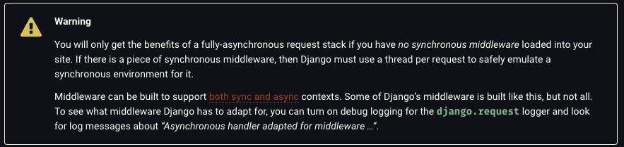 Darwing1210's tweet photo. I learned that: "You will only get the benefits of a fully-asynchronous request stack if you have no synchronous middleware loaded into your site."

https://t.co/K4eguwuzW0 https://t.co/vVUAUxk9wJ
