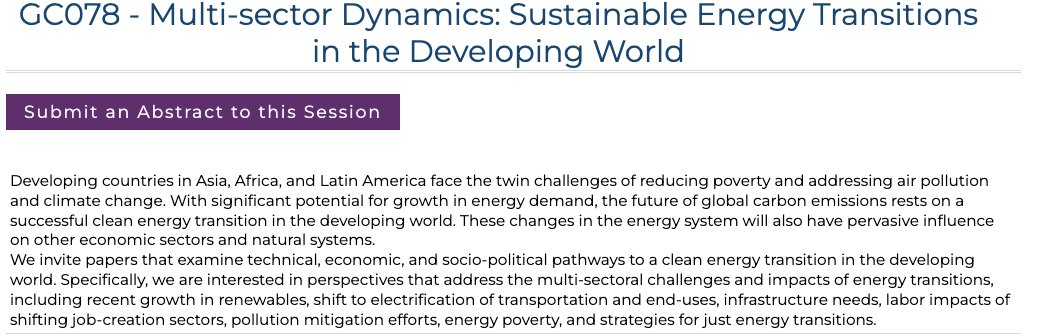 Wei Peng (@weipeng_pton) on Twitter photo 5 days left to submit to our #AGU23 session on "Multi-sector Dynamics: Sustainable Energy Transitions in the Developing World"!
Join our fantastic invited speakers <a href="/FeralFlows/">Thomas B. Wild</a> <a href="/hishamzerriffi/">Dr. Hisham Zerriffi</a> + fellow conveners <a href="/arvindpawan1/">Arvind P. Ravikumar</a> <a href="/ranjit_energy/">Ranjit Deshmukh</a> <a href="/XH_psu/">Xinyuan Huang</a>
Link: agu.confex.com/agu/fm23/preli… 5 days left to submit to our #AGU23 session on "Multi-sector Dynamics: Sustainable Energy Transitions in the Developing World"!
Join our fantastic invited speakers <a href="/FeralFlows/">Thomas B. Wild</a> <a href="/hishamzerriffi/">Dr. Hisham Zerriffi</a> + fellow conveners <a href="/arvindpawan1/">Arvind P. Ravikumar</a> <a href="/ranjit_energy/">Ranjit Deshmukh</a> <a href="/XH_psu/">Xinyuan Huang</a>
Link: agu.confex.com/agu/fm23/preli…