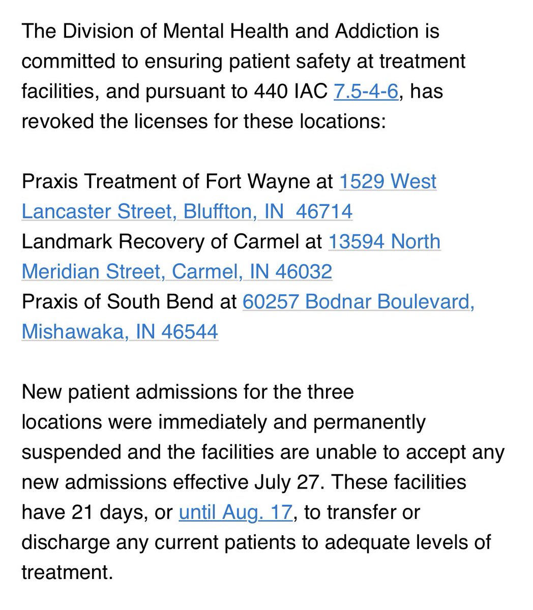 EricaFinkeTV's tweet image. #UPDATE: IN’s Division of Mental Health &amp;amp; Addiction says the license revocation at 3 #LandmarkRecovery Medicaid facilities (South Bend, Fort Wayne, Carmel) is permanent.

It also confirms info from the internal emails I received from staffers that patients need to be out by 8/17.
