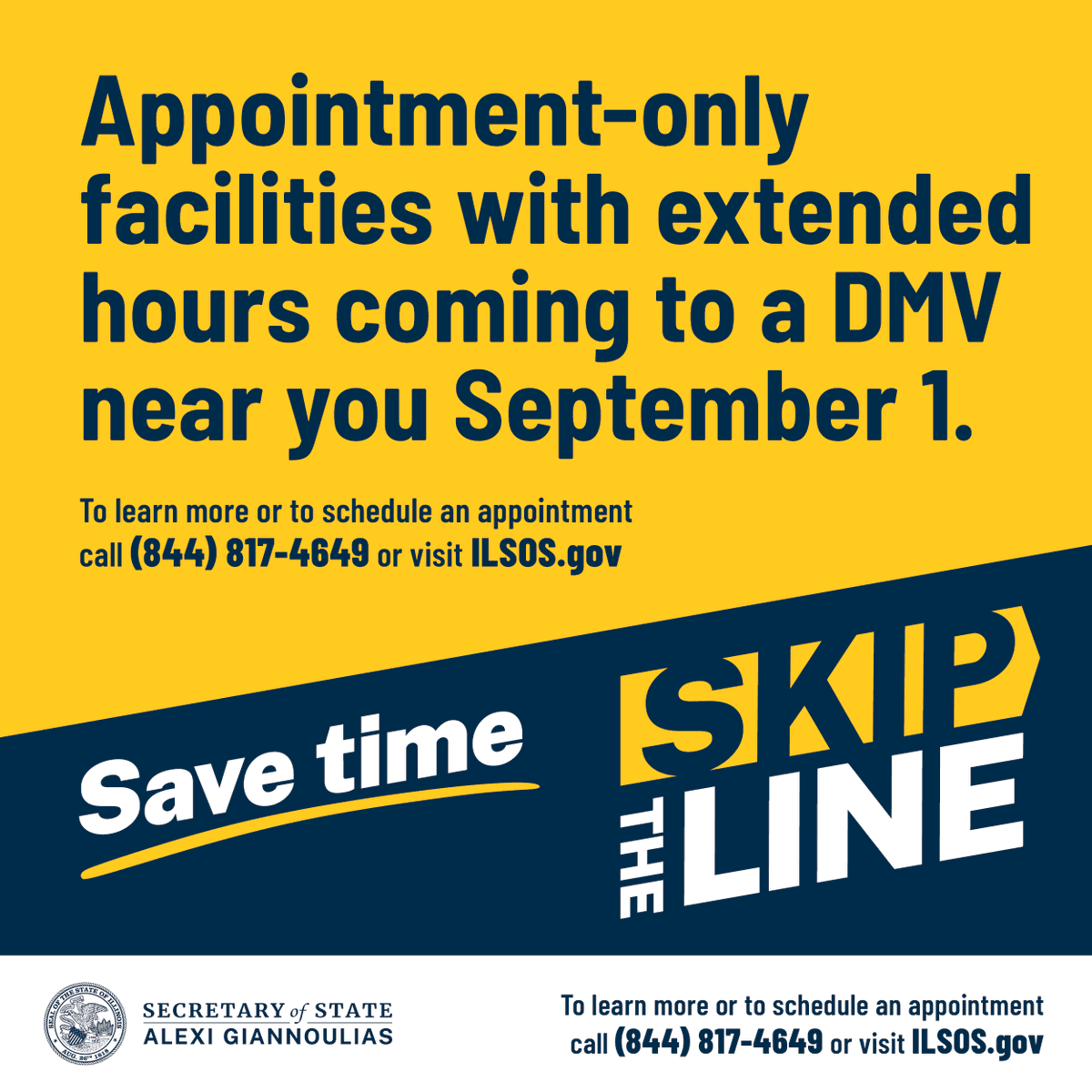 RepBobMorgan's tweet image. @ILSecOfState announced the new Skip-the-Line Program for Illinois DMVs. Starting Sept. 1, Deerfield will require appointments to eliminate wait times and will will also be open on Sat, 8 a.m.-12:30 p.m. Visit ilsos.gov to learn more about this new program. #ILSOS