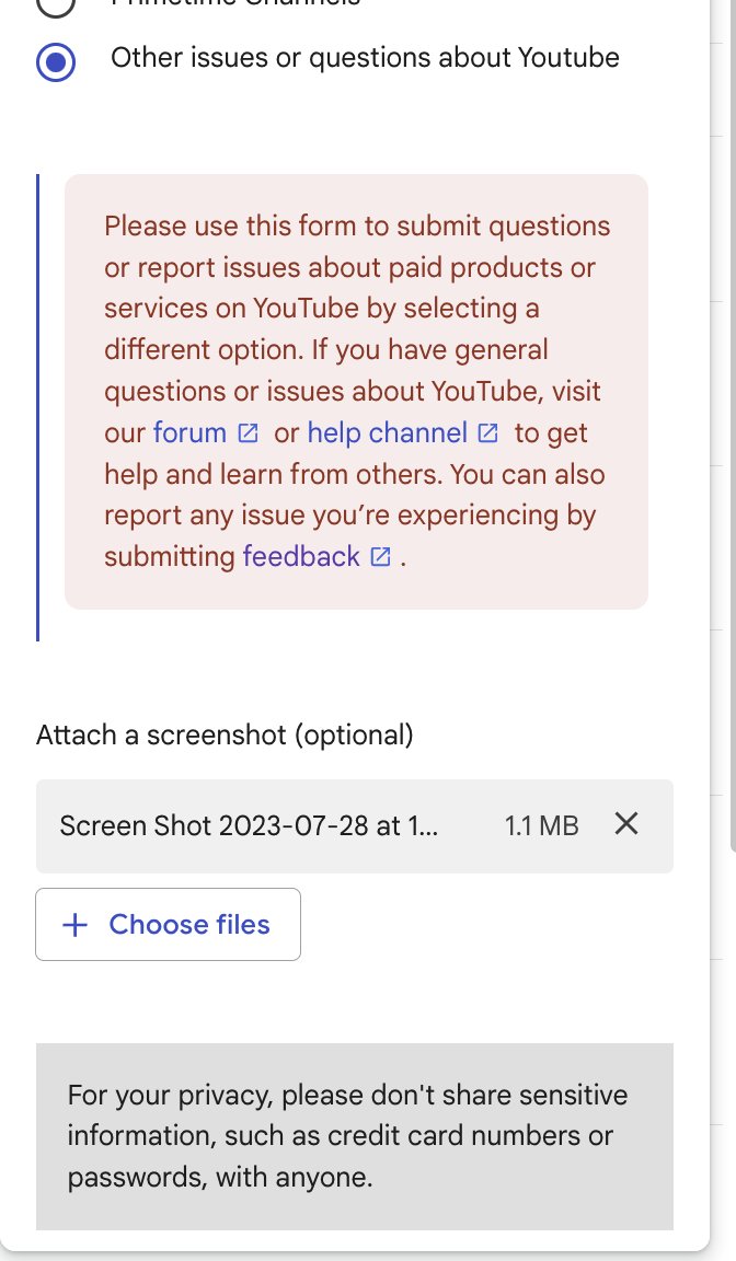 matgilbert's tweet photo. @TeamYouTube @YouTube @YouTubeCreators Step 4.

Try to submit bug report, only to get an error message that says "you can't do that". It's telling me I can't submit a bug report because it's not related to other paid YouTube Products?

WTF is going on here? I'm trying to submit a bug report like you told me to... https://t.co/dDfvgHmwpq